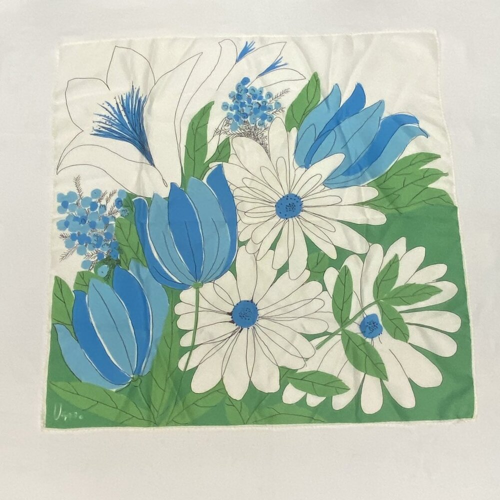 Vintage Vera Neumann Daisy and Tulip Design Small Square Scarf Blue Green White